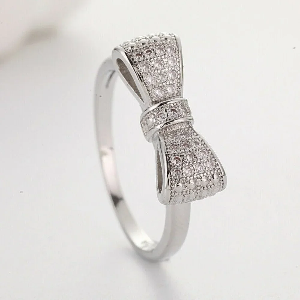 NEW 925 Sterling Silver Diamond Milgrain Bow Ring